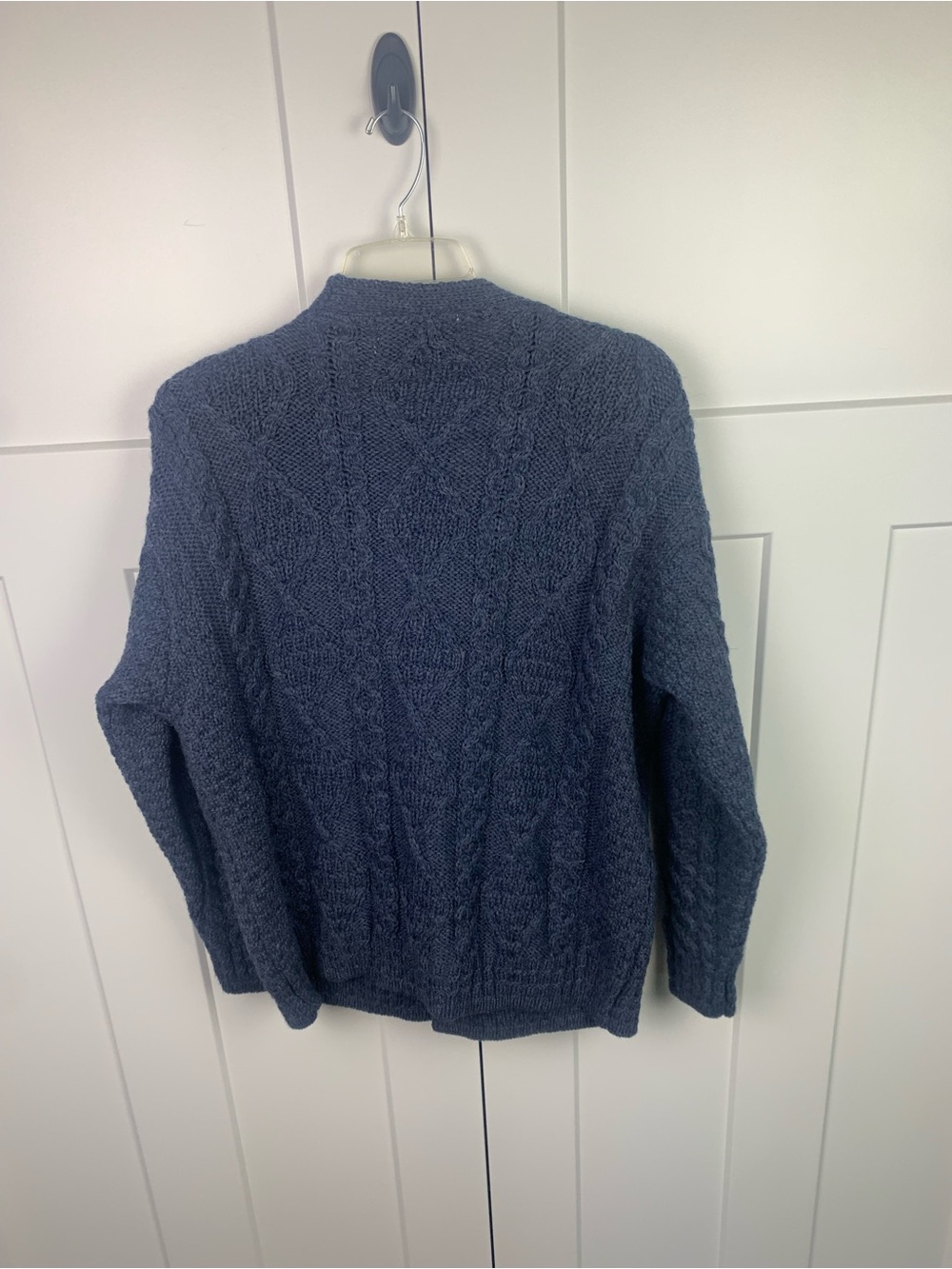 Aran Crafts Irish Wool Sweater Cardigan Mens XXL Blue Gray Cable Knit Leather - Picture 7 of 7